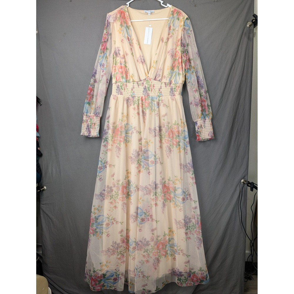 Baltic Born Layla Tulle Maxi Dress Romantic Floral 1XL Smocked Waist V-Neck New